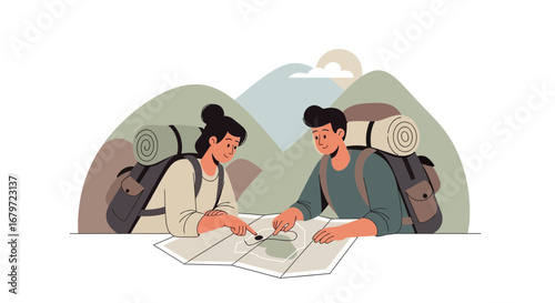 Couple Exploring Map For Hike in Nature, Enjoying Travel and Adventure Together