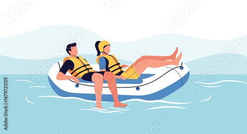 Couple Floating Relaxed in Raft on Calm Waters, Enjoying Peaceful Summer Getaway