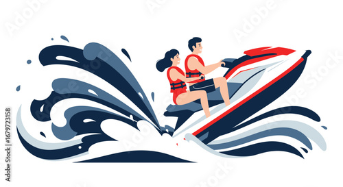 Couple Having Fun Riding a Jet Ski Illustration Depicting Water Sports and Recreation