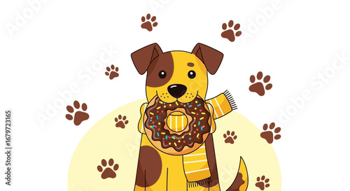 Cute cartoon dog with a donut, eating and having fun, puppy animal paws design