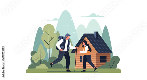 Couple Hiking Towards Wooden Cabin in Nature During Their Outdoor Adventure