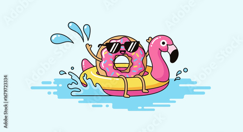 Cute cartoon illustration of a Donut enjoying summer vacation on a flamingo floatie