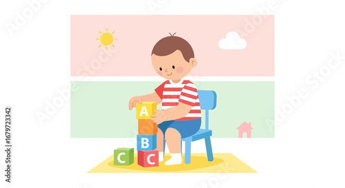 Cute cartoon illustration of a child playing with alphabet blocks during playtime
