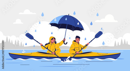 Couple Kayaking Amid Precipitation With Umbrella Using Paddles During Water Activity