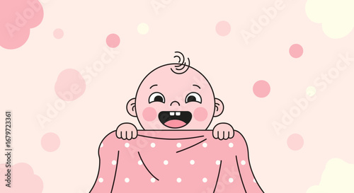 Cute cartoon illustration of a happy baby with polka dots blanket smiling in pink background
