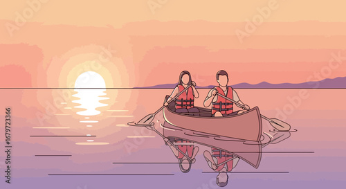 Couple Paddling Canoe On Sunset Lake With A Beautiful Reflection And Orange Sky