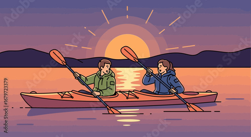 Couple Paddling Kayak During Sunset Showing Romance, Joy, and Enjoying Their Activity