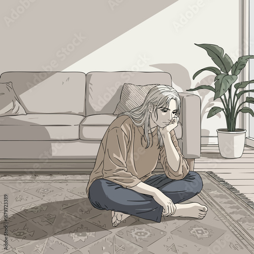 Thoughtful Young Woman Sitting on Floor in Sunlit Living Room.