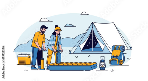 Couple Preparing for Night Camping Adventure Together with Gear and Tent Illustration