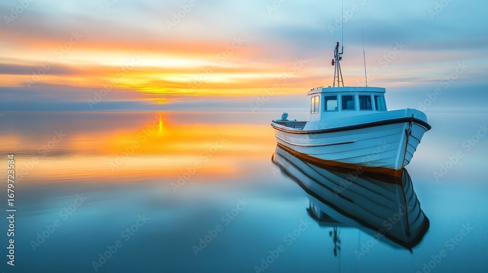 Naklejka premium Serene sunrise over calm coastal waters featuring a white fishing boat in tranquil setting