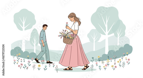 Couple Strolling Through The Garden Enjoying Fresh Blooms on a Serene Sunny Afternoon