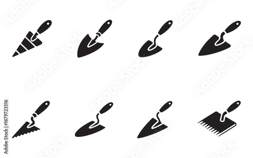 Black trowel icons with various shapes and serrated edges garden tool digging