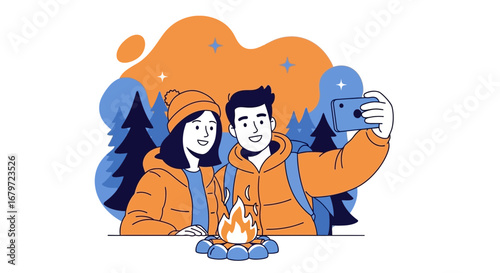 Couple Taking A Selfie While Enjoying A Campfire During Their Outdoor Adventure