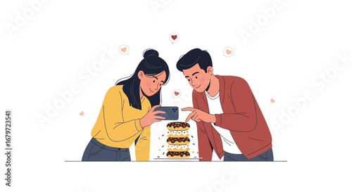 Couple taking photo of donuts illustration art for love and food in flat vector style