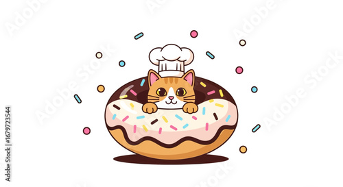 Cute cat chef inside a donut with sprinkles, a sweet and adorable illustration
