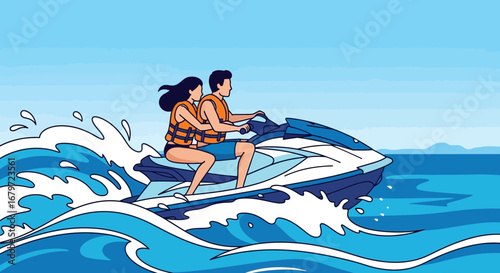 Couple Thrilling Ride, High-Speed Watercraft, Summer Adventure, Ocean Fun