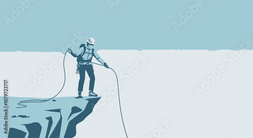 Courageous Climber Securing Rope Ready To Descend From A Cliff Edge Illustration