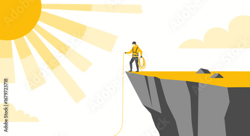 Courageous Climber Standing At Edge Facing New Adventure Under Bright Sun's Rays