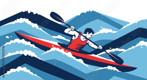 Courageous Kayaker Navigating Turbulent Waters: A Vector Graphic Depicting Athletic Paddling
