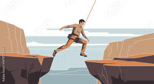 Courageous Man Leaping Across Rocks: An Extreme Adventure and Challenging Goal