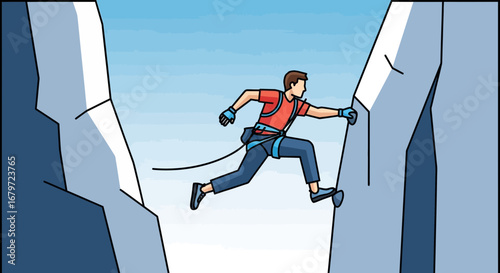 Courageous Person Climbing Between Rocky Mountain Cliffs in Adventure Activity Illustration