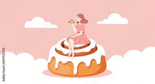 Cute girl eating cinnamon roll dream, cartoon illustration with white cumulus clouds background
