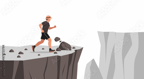 Courageous Trail Runner Confronting Rocky Cliff Edge Represents Determination and Perseverance