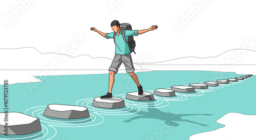 Courageous Man Balancing On Stepping Stones While Backpacking Across The River