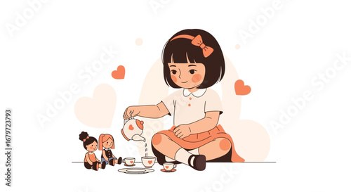 Cute Girl Enjoying Tea Party Time With Friends, Smiling, Pouring Tea, and Hearts