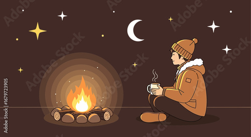 Cozy Evening Scene Of A Person Enjoys A Warm Beverage Near The Fire