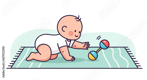 Cute illustration of a baby crawling on a mat and reaching for a colorful rattle toy