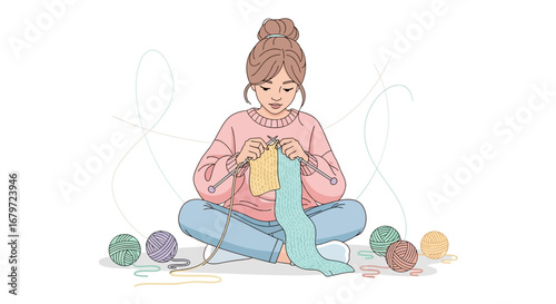 Cozy Illustration Of Woman Knitting, Doing Handcraft, Sitting On The Floor, Relaxing At Home