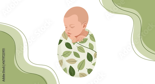 Cute illustration of a baby sleeping in a leaf-patterned swaddle with abstract design