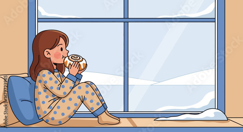 Cozy Winter Scene Depicting A Person Enjoying A Pastry Near A Window And Snow