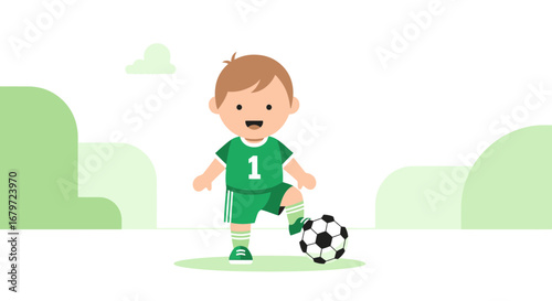 Cute illustration of a boy playing soccer with a green uniform and a ball