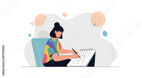 Creative art illustration of a woman drawing in a sketchbook while seating flat design style