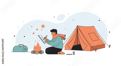 Creative Artist Camping In Nature Drawing By Fireside With Nearby Tent and starry sky