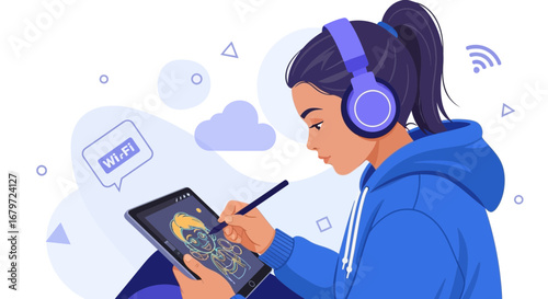 Creative Artist Illustrating Digital Art on Tablet Using Stylus Pen And Wireless Wifi Connection