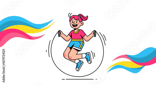 Cute illustration of a girl jumping rope with colorful abstract background
