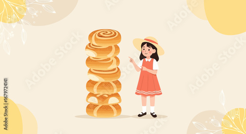 Cute illustration of a girl with a stack of delicious buns, pointing at them