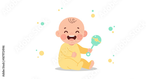 Cute Illustration of a Happy Baby with a Rattle and Bubbles on a White Background