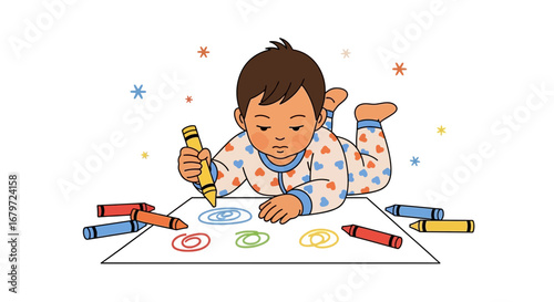 Creative Baby Artist Drawing Vivid Patterns on Paper with Colorful Crayons