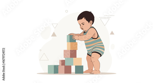 Creative Baby Boy Playing With Colorful Blocks Building Up a High Tower Structure