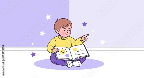 Cute Illustration Of A Little Boy Reading A Storybook And Pointing At Something