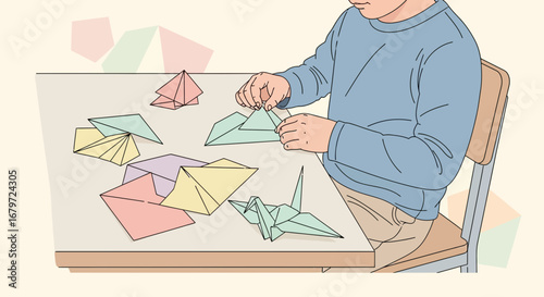 Creative Child Making Origami Figurines With Colored Paper At A Table