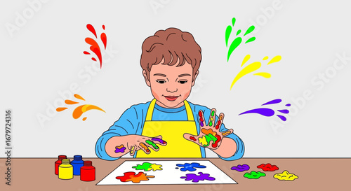 Creative Child Paints With Hands And Paints, Art Concept With Splashes, Colorful, And Craft