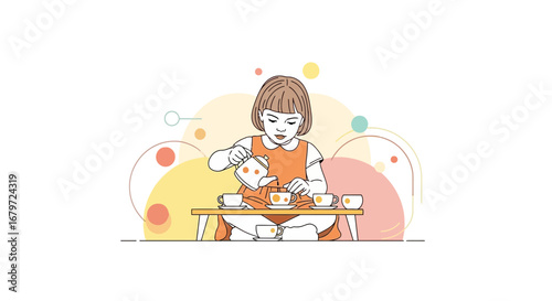 Cute illustration of a young girl happily playing a tea party with cups and a teapot