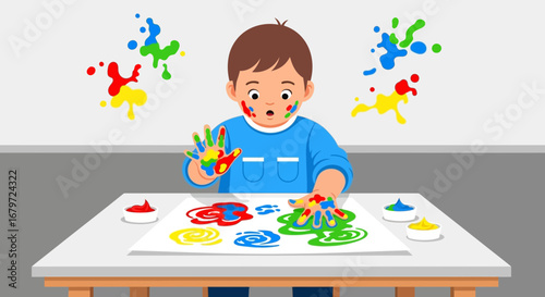 Creative Child Painting, Vibrant Colors, Joyful Expression, Artistic Activity Illustration
