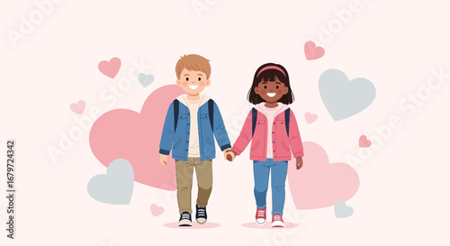 Cute illustration of two children holding hands with hearts in the background