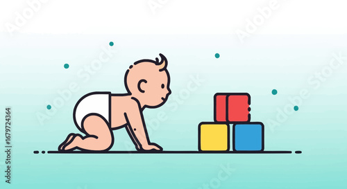 Cute Infant Crawling Towards Colorful Blocks Illustrating Early Childhood Education